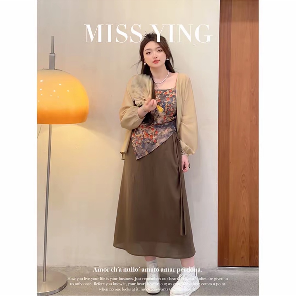 Floral Long Sleeve Maxi Dress - Beige and Brown